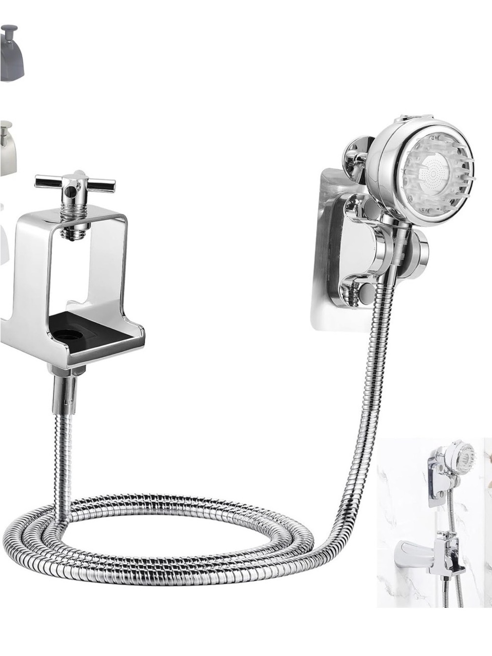 Chrome Handheld Shower Head with Hose and Wall Bracket - Silver/Dog Shower Set